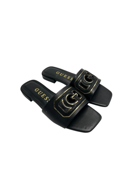 Guess – Sandalo Nero in Ecopelle con Logo Oro Donna  | Mariadesole.it