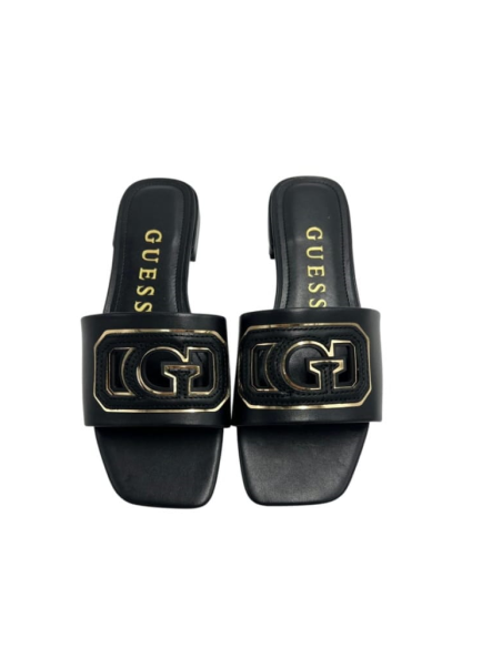 Guess – Sandalo Nero in Ecopelle con Logo Oro Donna  | Mariadesole.it