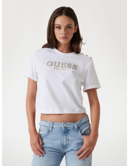 T-shirt Boxy Cropped con Logo Guess – Cotone Organico, Collo a Lupetto