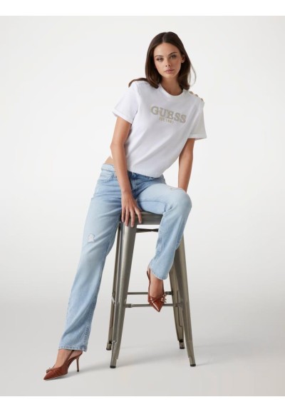 T-shirt Boxy Cropped con Logo Guess – Cotone Organico, Collo a Lupetto