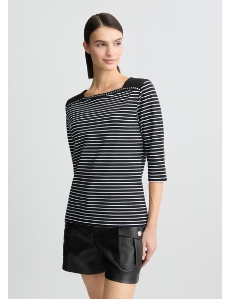 Liu Jo T-shirt Donna a Righe con Strass – Stile Marinière e Dettagli G