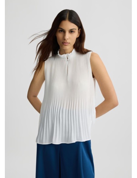 Liu Jo Donna Top in Georgette con Motivo Plissé e Collo alla Coreana  