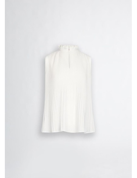 Liu Jo Donna Top in Georgette con Motivo Plissé e Collo alla Coreana  