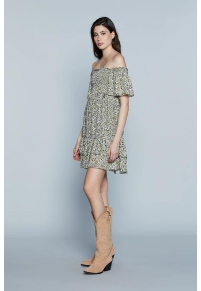 Relish Vestito Tyla – Abito Corto con Scollo a Barca e Fantasia Macula