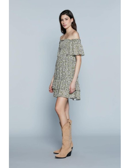 Relish Vestito Tyla – Abito Corto con Scollo a Barca e Fantasia Macula