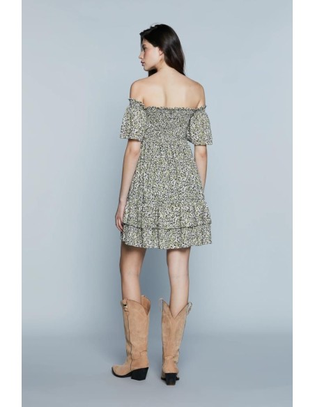 Relish Vestito Tyla – Abito Corto con Scollo a Barca e Fantasia Macula