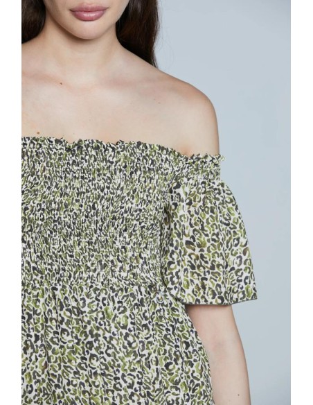 Relish Vestito Tyla – Abito Corto con Scollo a Barca e Fantasia Macula