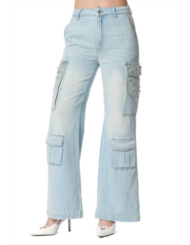 Jeans Patzy_20 Vita Medio-Bassa con Tasconi e Pietre Lavaggio Bleach D