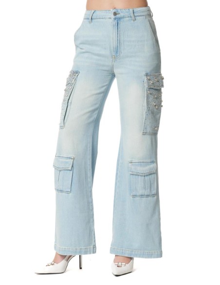 Jeans Patzy_20 Vita Medio-Bassa con Tasconi e Pietre Lavaggio Bleach D