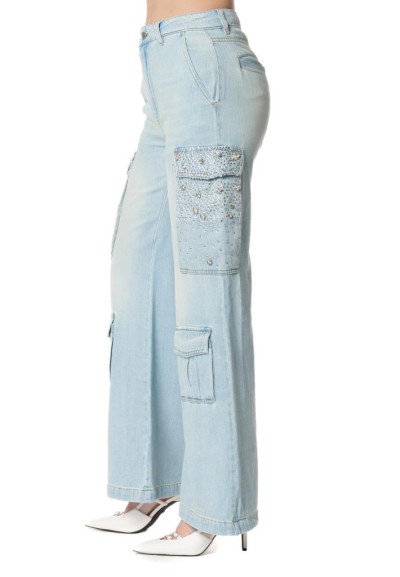 Jeans Patzy_20 Vita Medio-Bassa con Tasconi e Pietre Lavaggio Bleach D