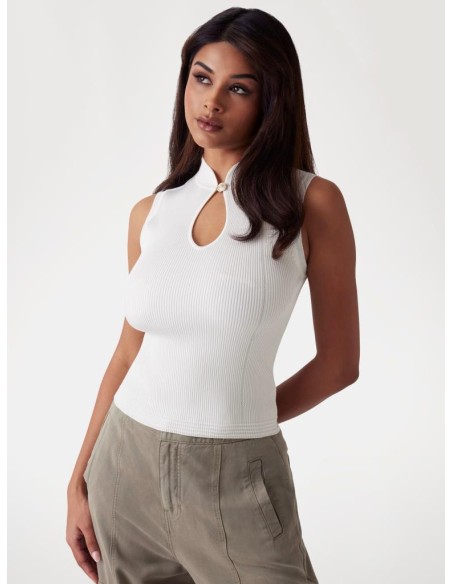 Maglione Smanicato a Costine in Misto Viscosa con Collo alla Coreana –