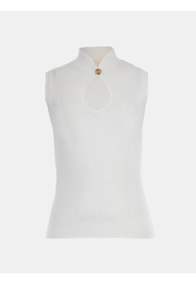 Maglione Smanicato a Costine in Misto Viscosa con Collo alla Coreana –