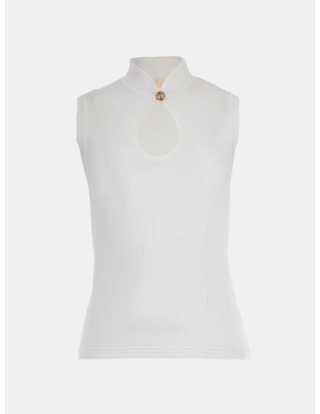 Maglione Smanicato a Costine in Misto Viscosa con Collo alla Coreana –