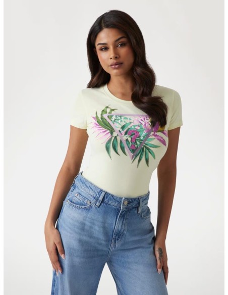 T-shirt Guess Slim Fit in Cotone Stretch con Logo Triangolo e Strass  