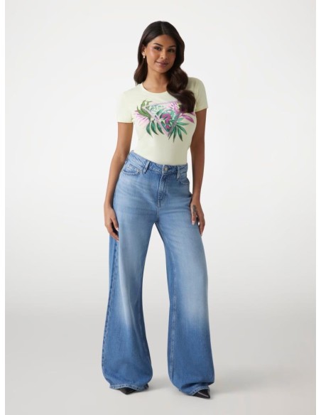 T-shirt Guess Slim Fit in Cotone Stretch con Logo Triangolo e Strass  