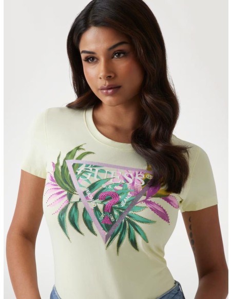 T-shirt Guess Slim Fit in Cotone Stretch con Logo Triangolo e Strass  
