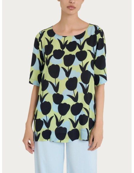 Blusa Ragno da Donna in Ecoseta – Girocollo con Stampa Tulipani e Mani