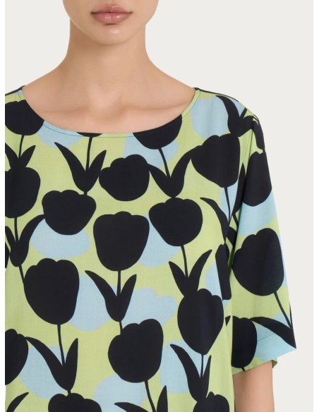 Blusa Ragno da Donna in Ecoseta – Girocollo con Stampa Tulipani e Mani