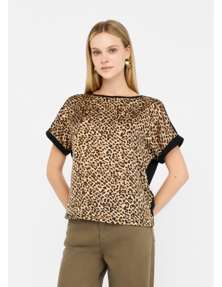 T-shirt Liu Jo in cotone con inserto animalier in raso  | Mariadesole.