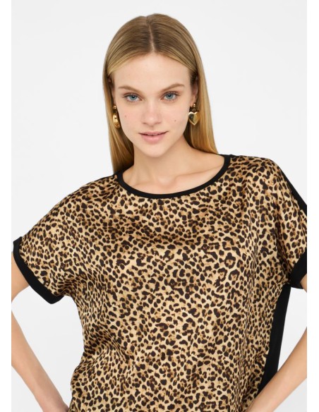 T-shirt Liu Jo in cotone con inserto animalier in raso  | Mariadesole.