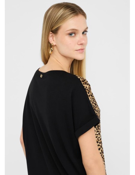 T-shirt Liu Jo in cotone con inserto animalier in raso  | Mariadesole.