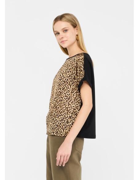 T-shirt Liu Jo in cotone con inserto animalier in raso  | Mariadesole.