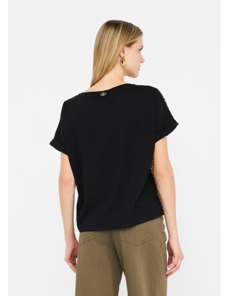 T-shirt Liu Jo in cotone con inserto animalier in raso  | Mariadesole.