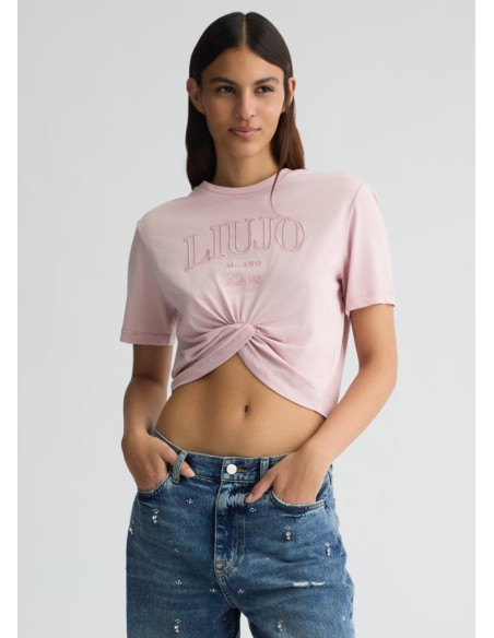 T-shirt Liu Jo in cotone con logo ricamato e nodo frontale  | Mariades