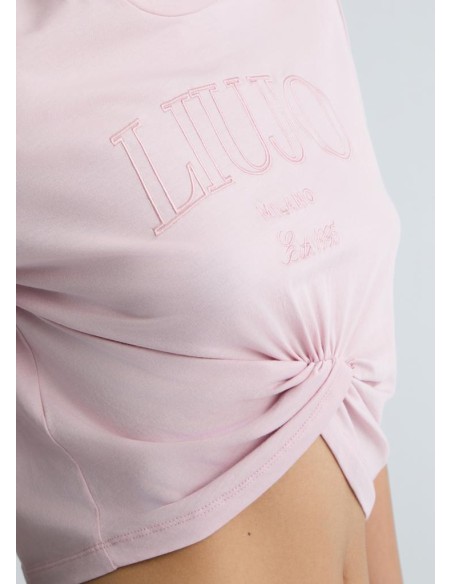 T-shirt Liu Jo in cotone con logo ricamato e nodo frontale  | Mariades