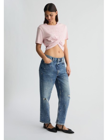 T-shirt Liu Jo in cotone con logo ricamato e nodo frontale  | Mariades