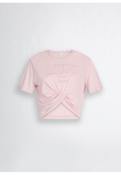 T-shirt Liu Jo in cotone con logo ricamato e nodo frontale  | Mariades